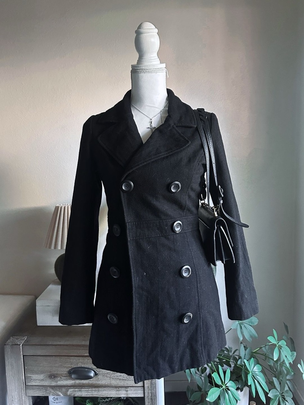 Women's Double-Breasted Black Peacoat - Classic Tailored Fit